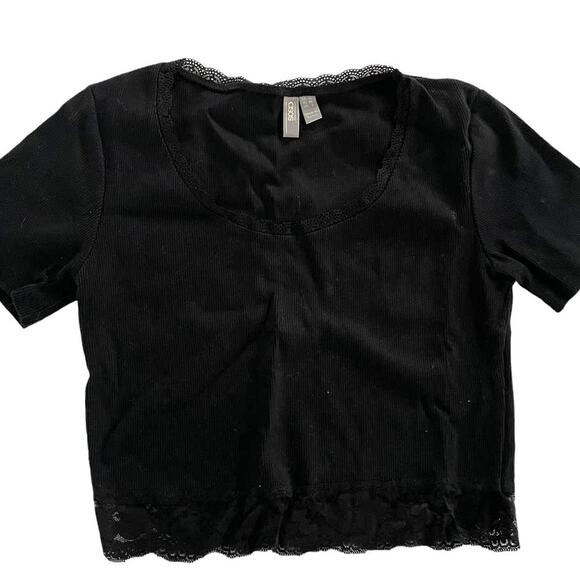 ASOS Top Womens 8 Black Lace Trim Crop Top Ribbed Whimsy Goth Cotton - Picture 1 of 7